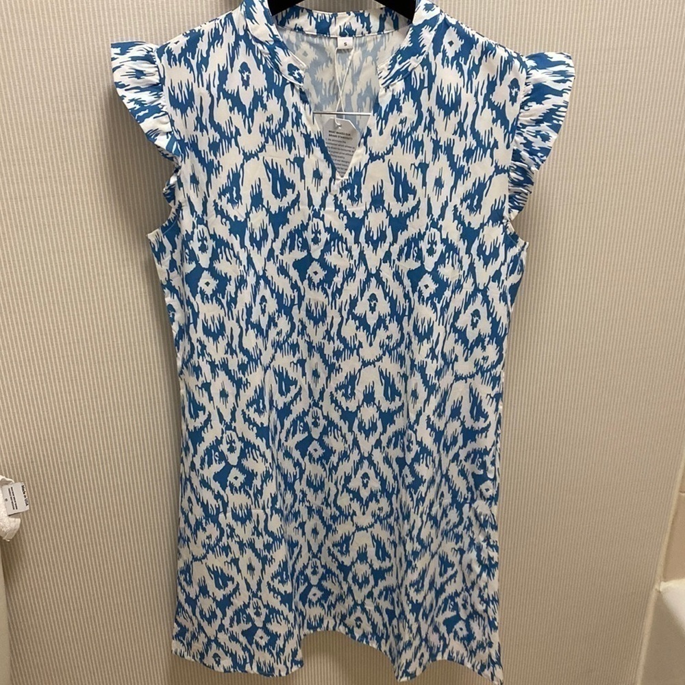 Blue and white shift dress with ruffle sleeves size small